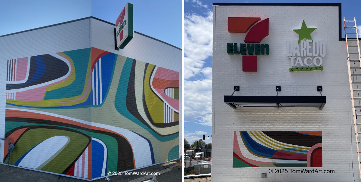 abstract mural Candy Wrapper artist Colorado muralist painting on 7 Eleven 40 w arts districe best street art